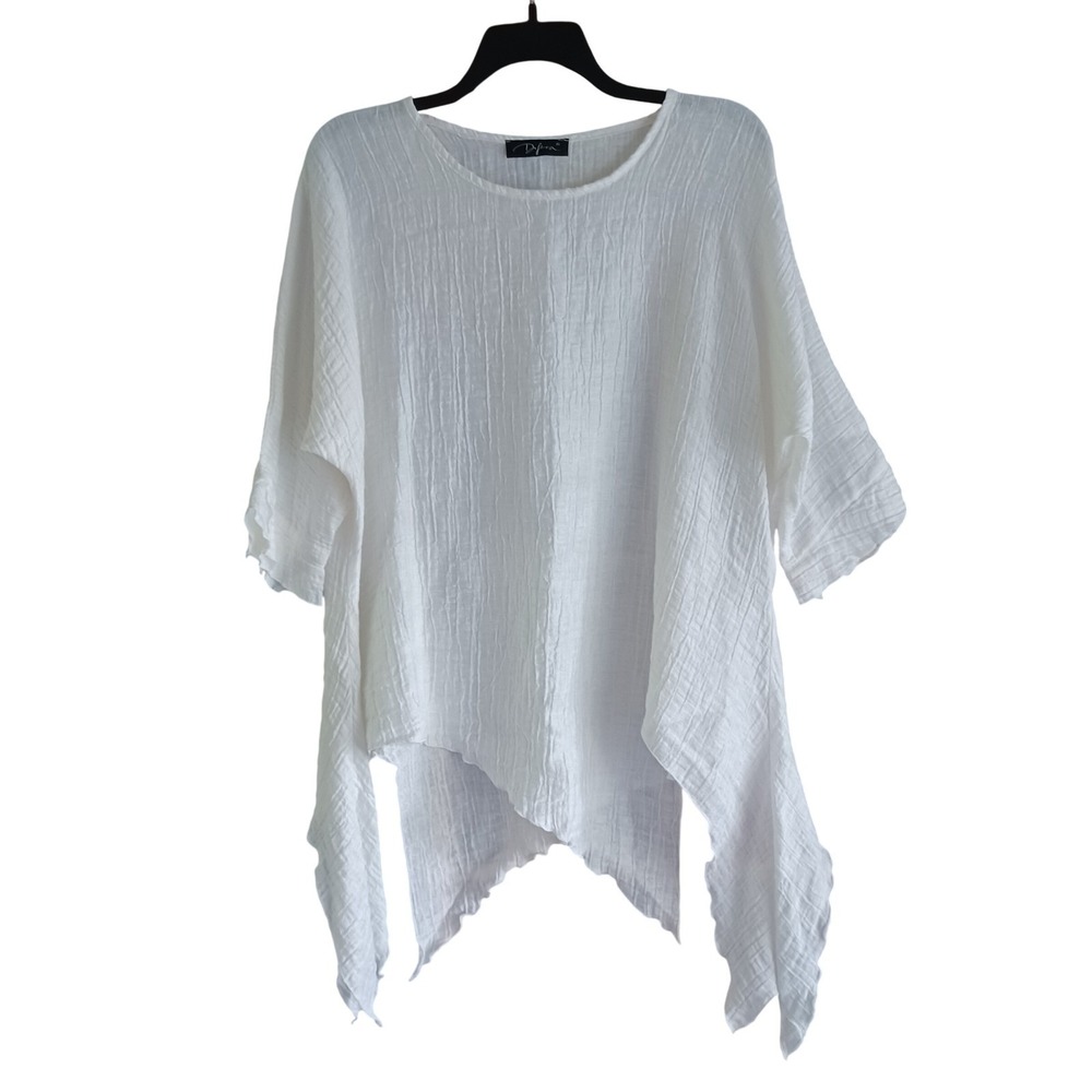 Difera White Linen Blend Crinkle Gauze Tunic Top Handkerchief Hem Germany OS‎ - Picture 2 of 11